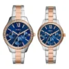 His and Hers Multifunction Two-Tone Stainless Steel Watch Set